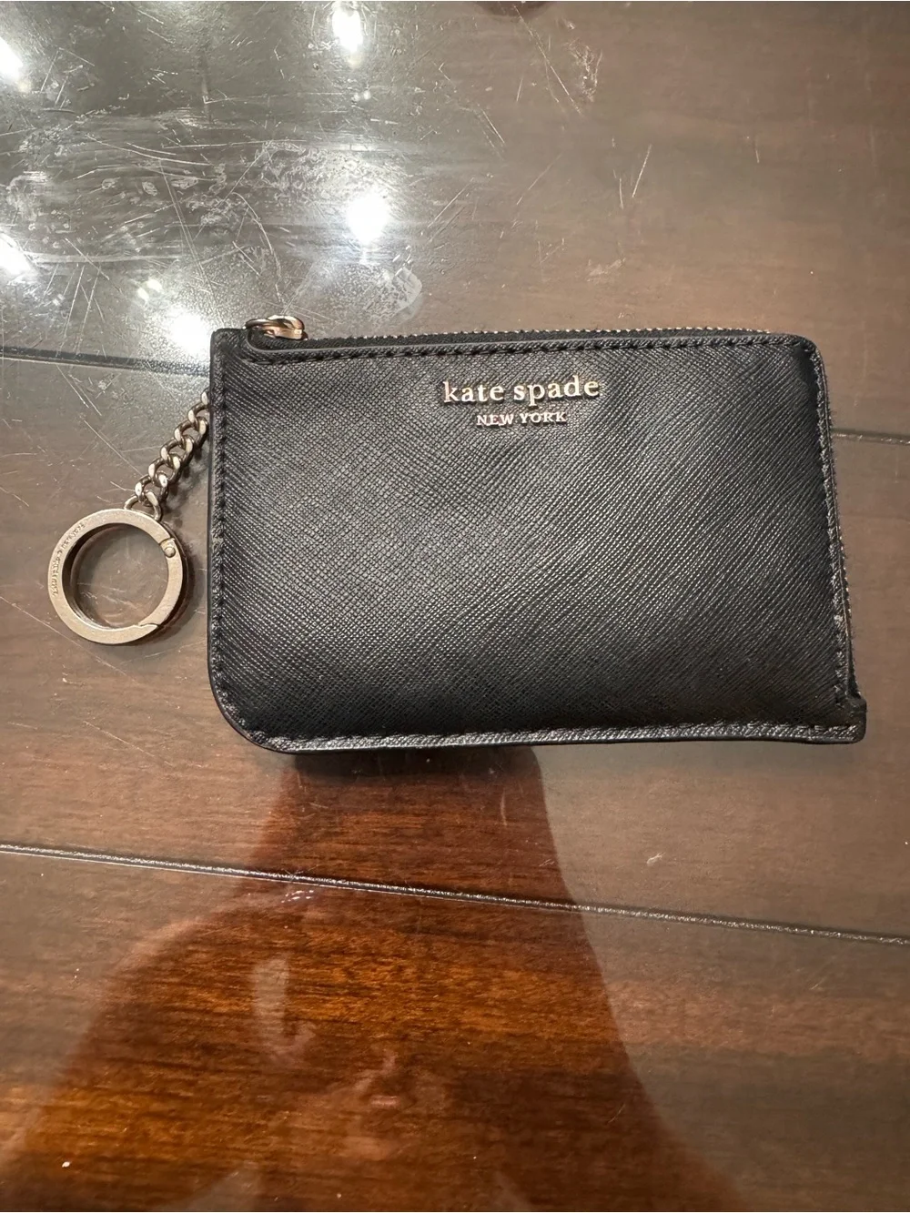 kate spade black Saffiano Leather Zip Key & Card Pouch with Chain Ring